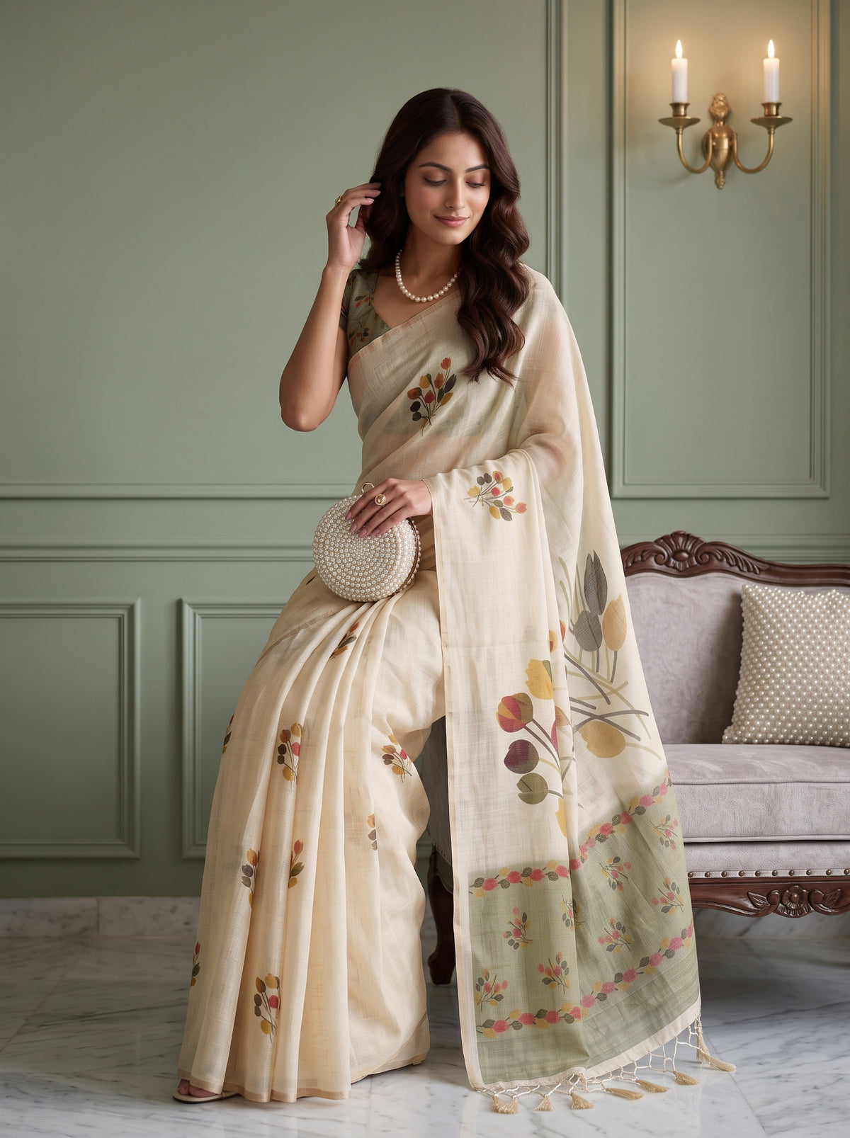 MIMOSA Olive Banarasi Saree — pose 8 styling detail