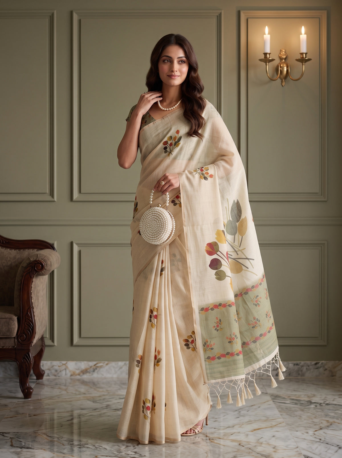 MIMOSA Olive Banarasi Saree — pose 9 styling detail