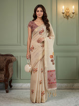 MIMOSA Peach Banarasi Saree — front view on mannequin