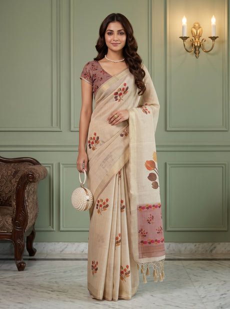 MIMOSA Peach Banarasi Saree — front view on mannequin