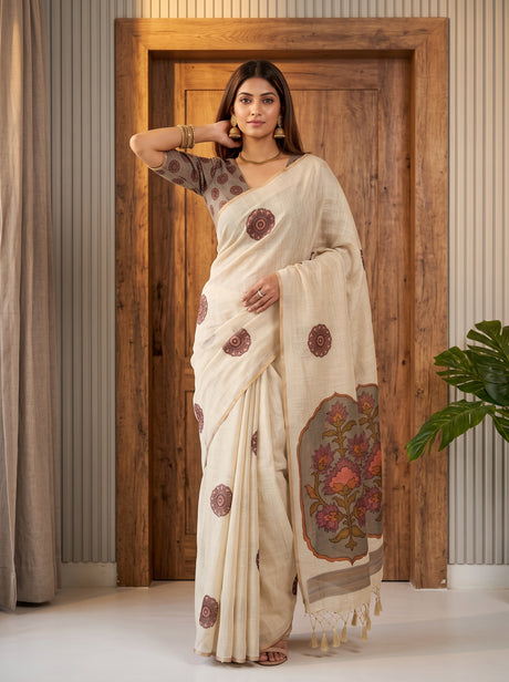 MIMOSA Grey Banarasi Saree — front view on mannequin