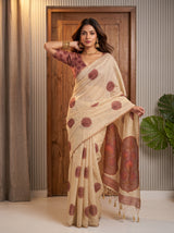 MIMOSA Strawberry Banarasi Saree — front view on mannequin