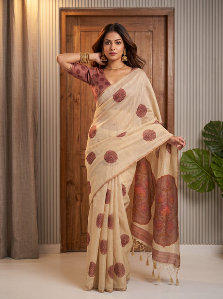 MIMOSA Strawberry Banarasi Saree — front view on mannequin