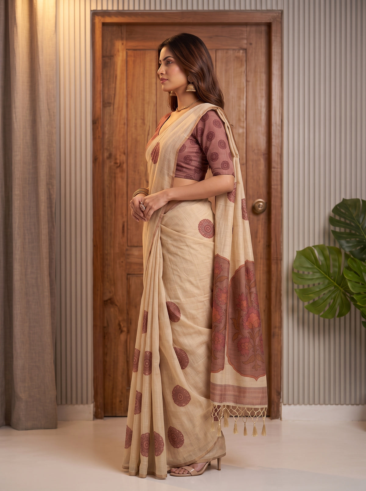 MIMOSA Strawberry Banarasi Saree — pose 3 styling detail
