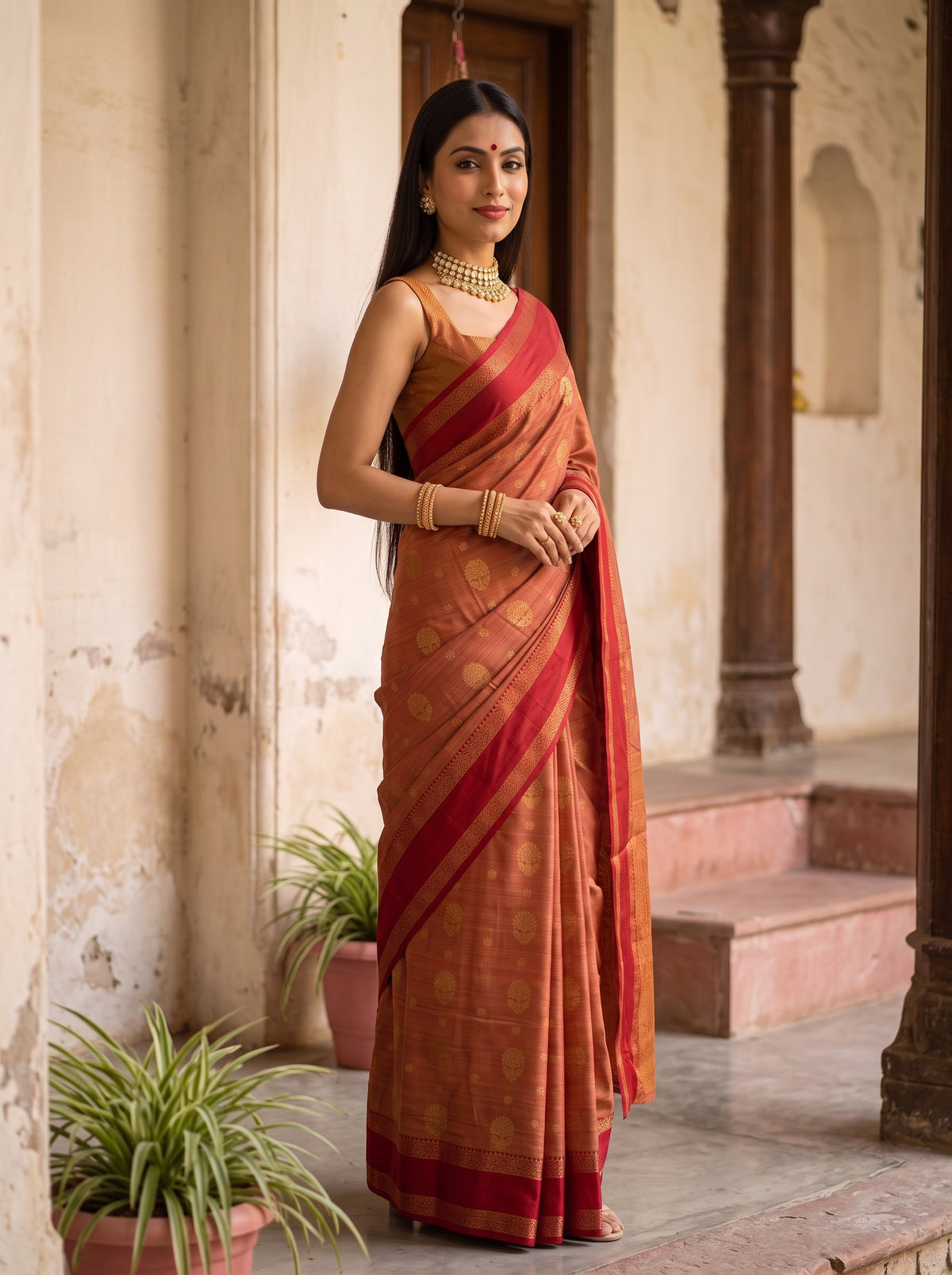 MIMOSA Red Banarasi Saree — pose 10 styling detail