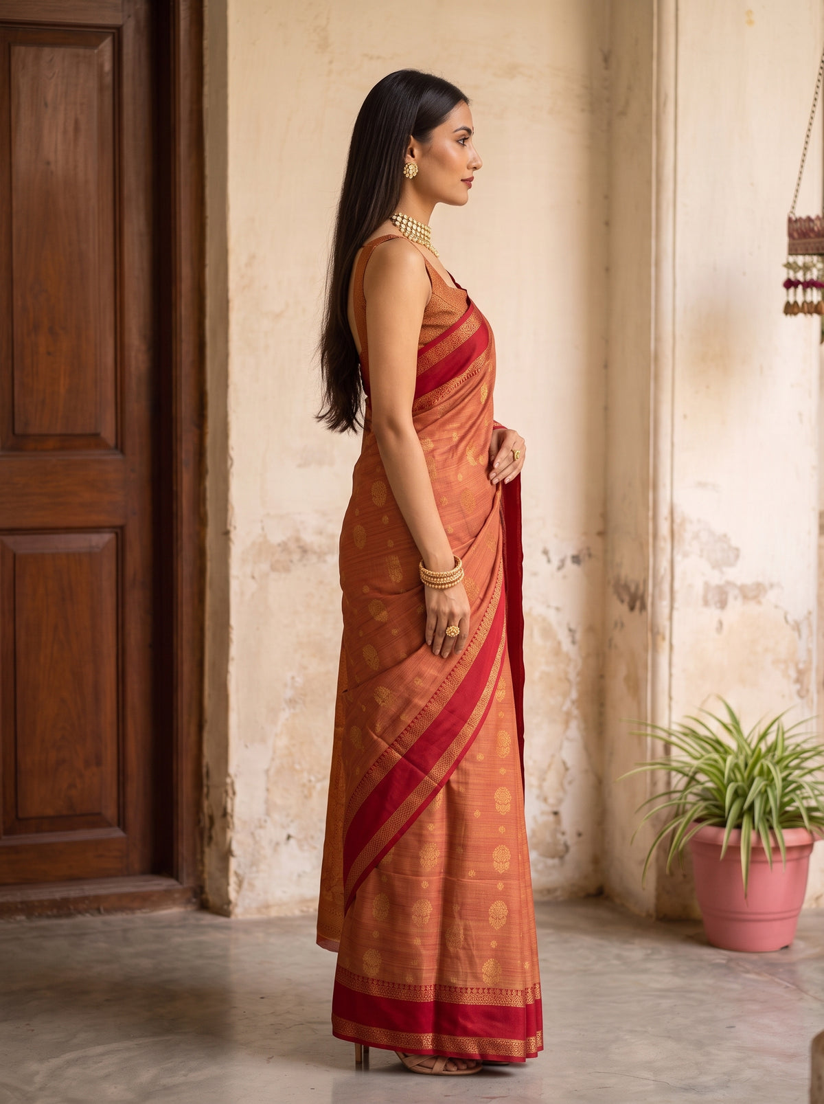 MIMOSA Red Banarasi Saree — pose 3 styling detail
