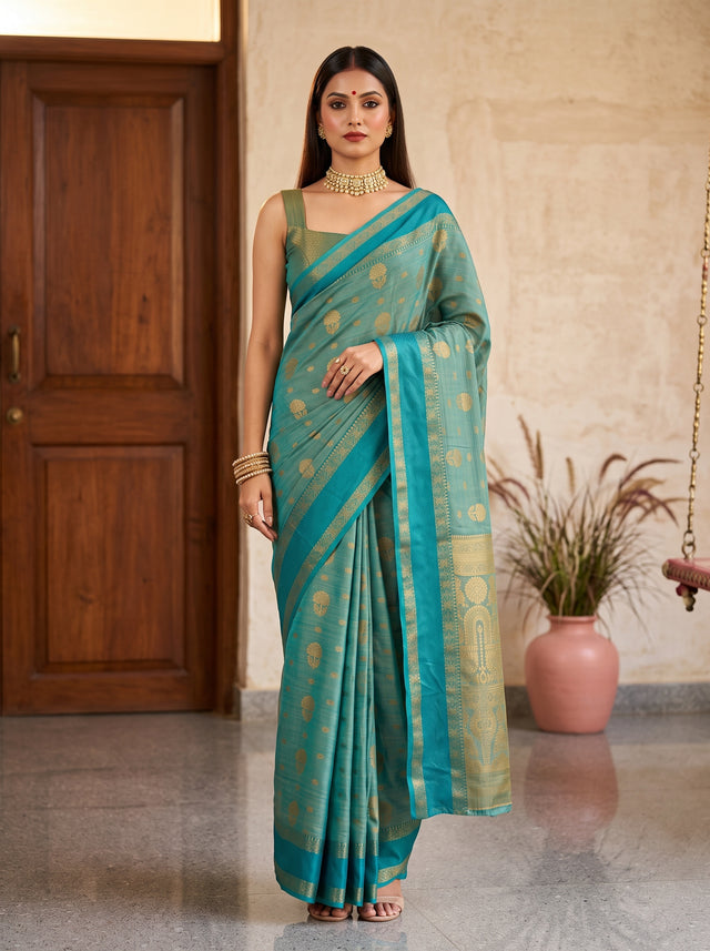 MIMOSA Sapphire Banarasi Saree — front view on mannequin