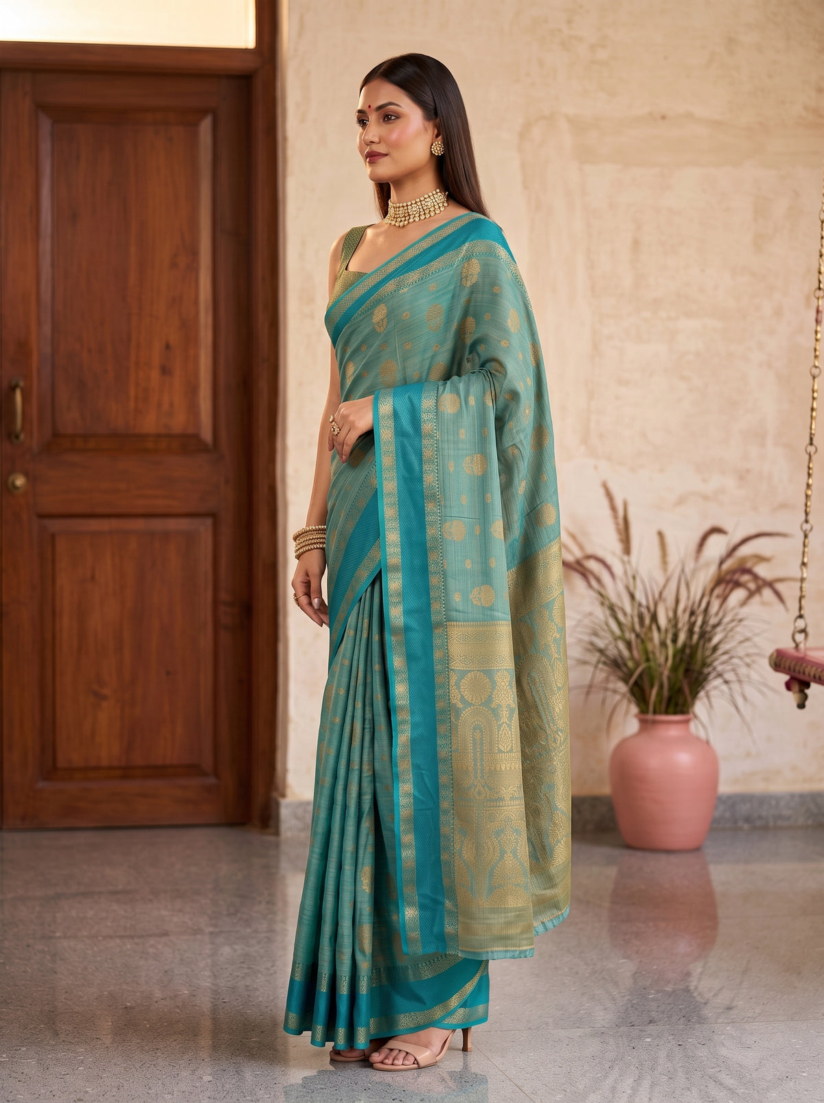 MIMOSA Sapphire Banarasi Saree — pose 3 styling detail