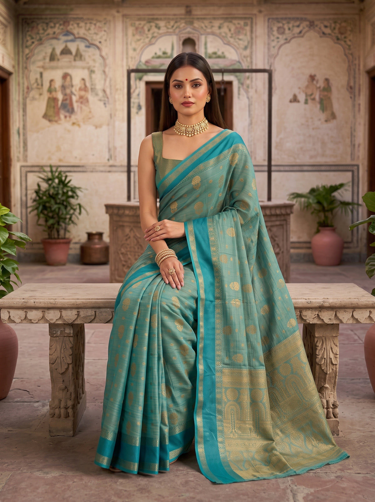 MIMOSA Sapphire Banarasi Saree — pose 8 styling detail