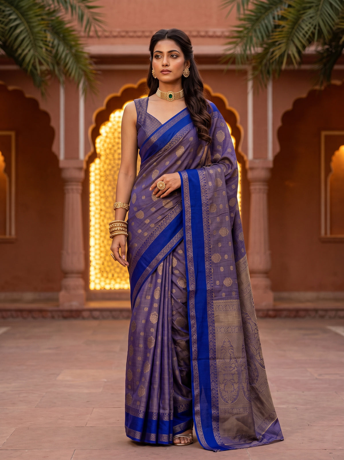 MIMOSA Royal Blue Banarasi Saree — front view on mannequin