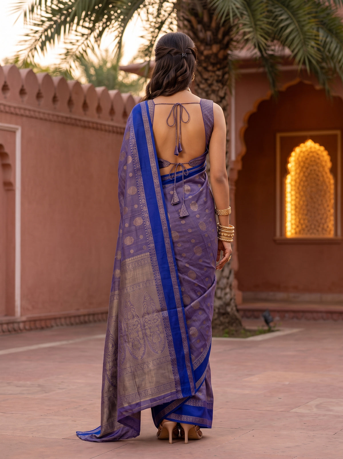 MIMOSA Royal Blue Banarasi Saree — pose 2 styling detail