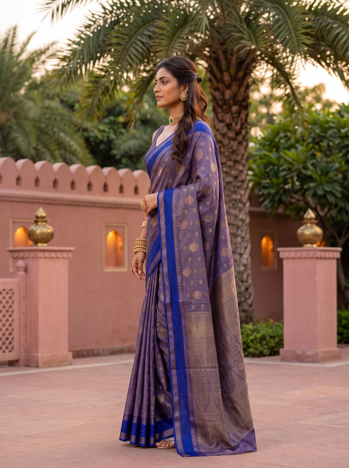 MIMOSA Royal Blue Banarasi Saree — pose 3 styling detail