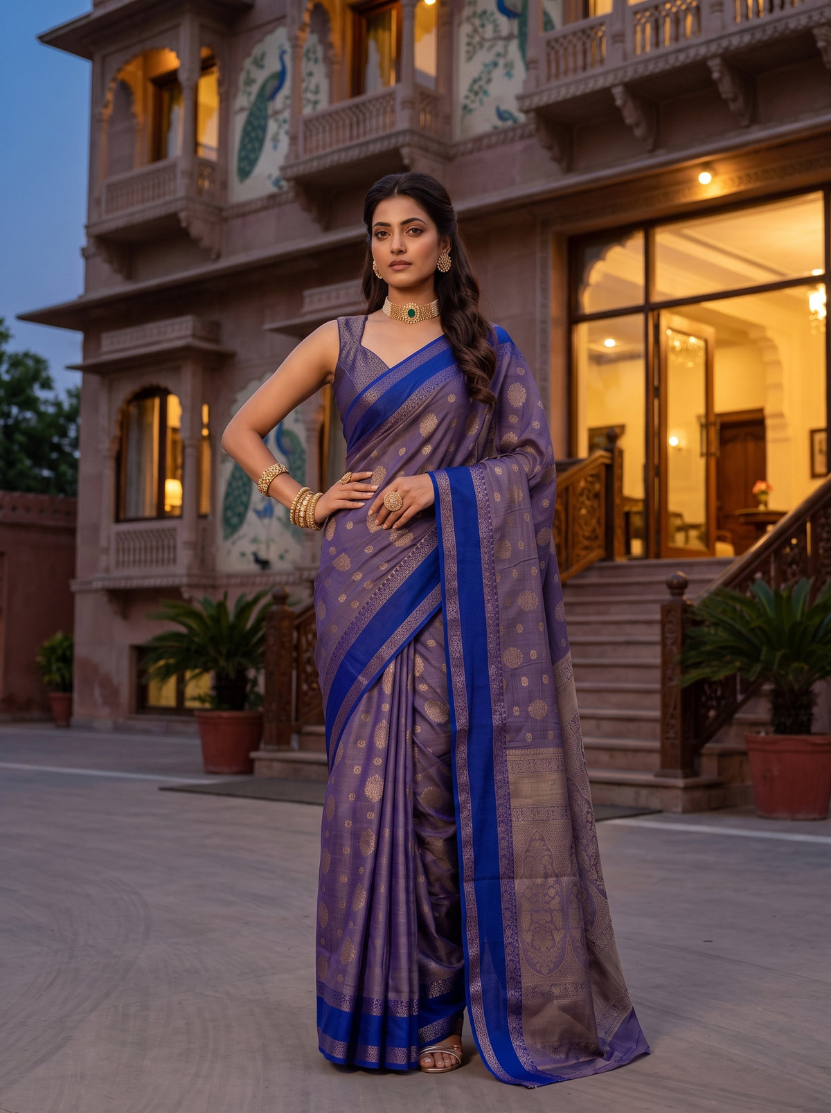 MIMOSA Royal Blue Banarasi Saree — pose 4 styling detail