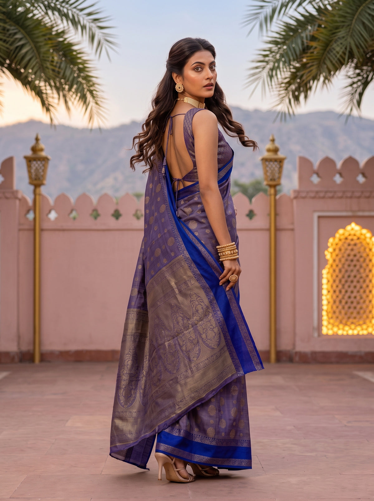MIMOSA Royal Blue Banarasi Saree — pose 7 styling detail