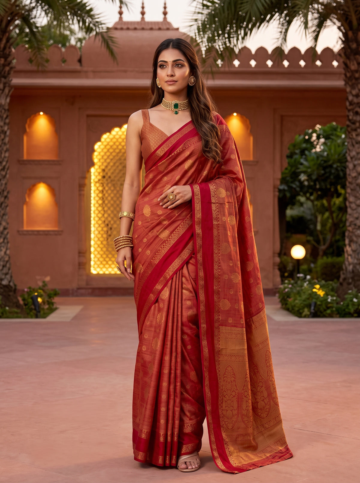 MIMOSA Red Banarasi Saree — front view on mannequin