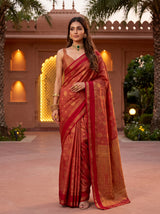 MIMOSA Red Banarasi Saree — front view on mannequin