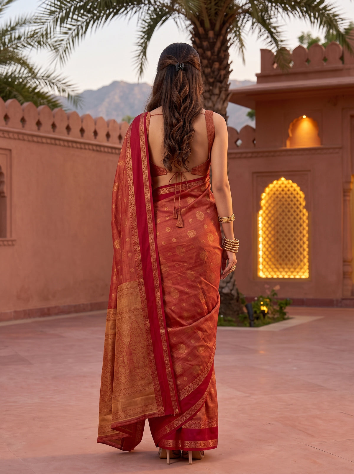 MIMOSA Red Banarasi Saree — pose 2 styling detail