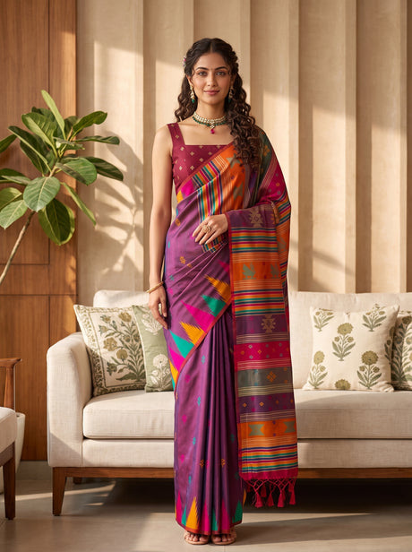 MIMOSA Navy Berhampuri Art Silk Saree — Model draped
