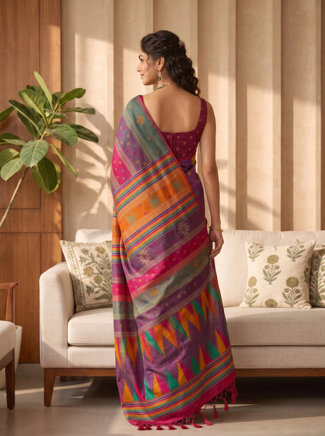 MIMOSA Navy Berhampuri Art Silk Saree — Saree pallu and body details