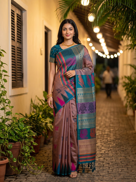 MIMOSA Grey Berhampuri Art Silk Saree — Model lifestyle pose