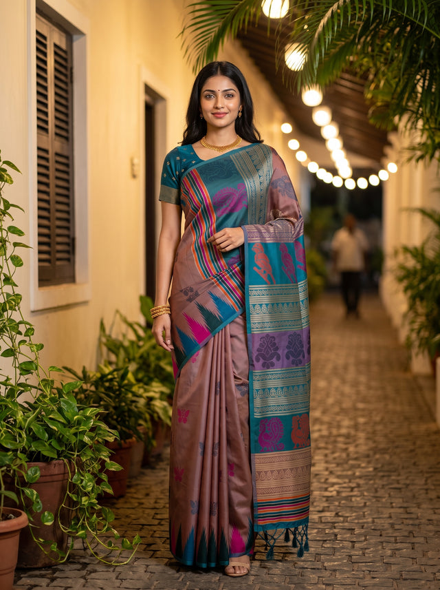 MIMOSA Grey Berhampuri Art Silk Saree — Model lifestyle pose