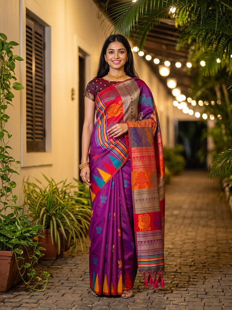 MIMOSA Magenta Berhampuri Art Silk Saree — Model lifestyle pose