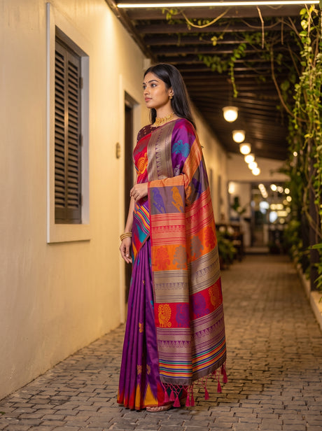 MIMOSA Magenta Berhampuri Art Silk Saree — Saree shot pallu and body