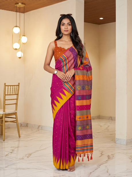 MIMOSA Rani Berhampuri Saree — front view on mannequin