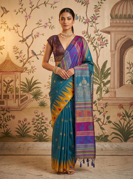MIMOSA Royal Blue Berhampuri Saree — front view on mannequin