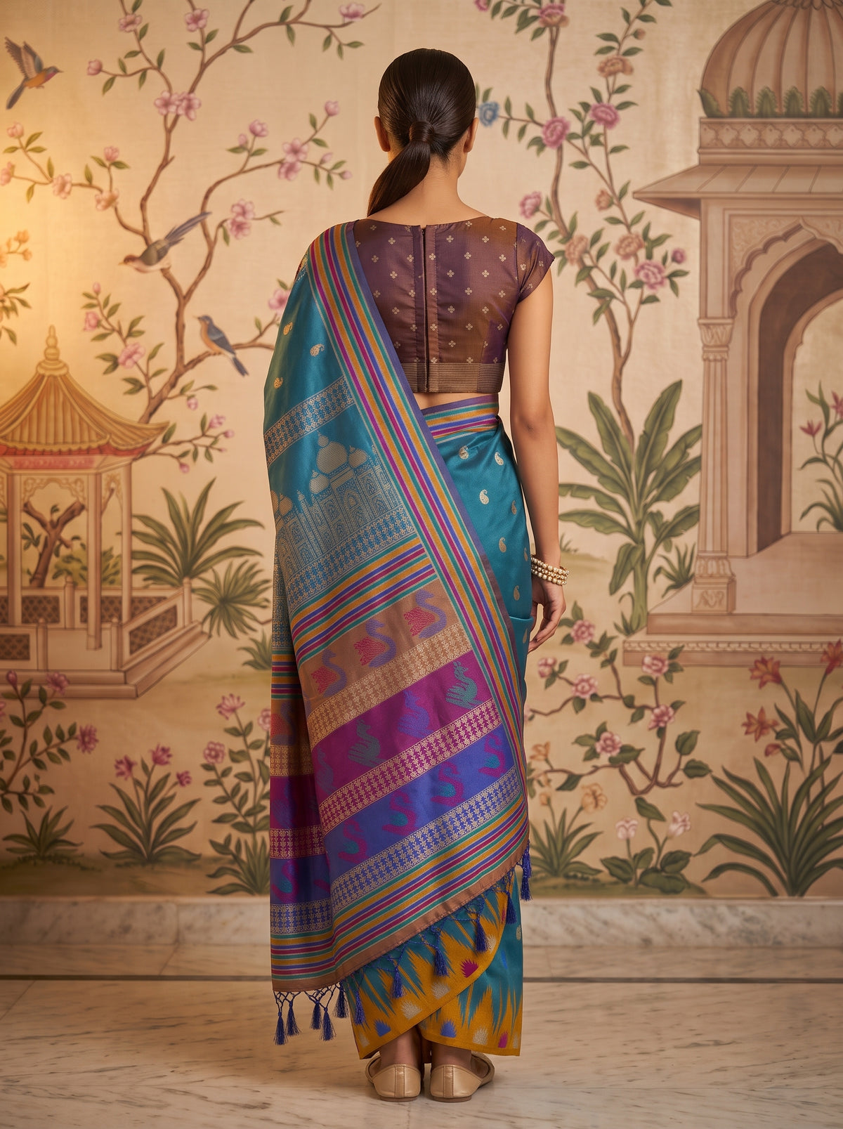 MIMOSA Royal Blue Berhampuri Saree — pose 2 styling detail