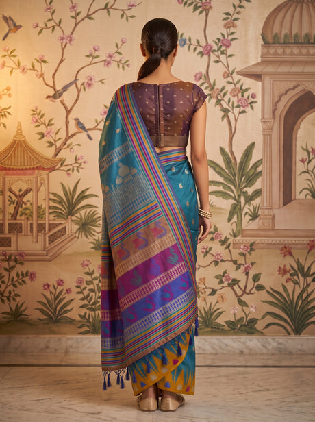 MIMOSA Royal Blue Berhampuri Saree — pose 2 styling detail