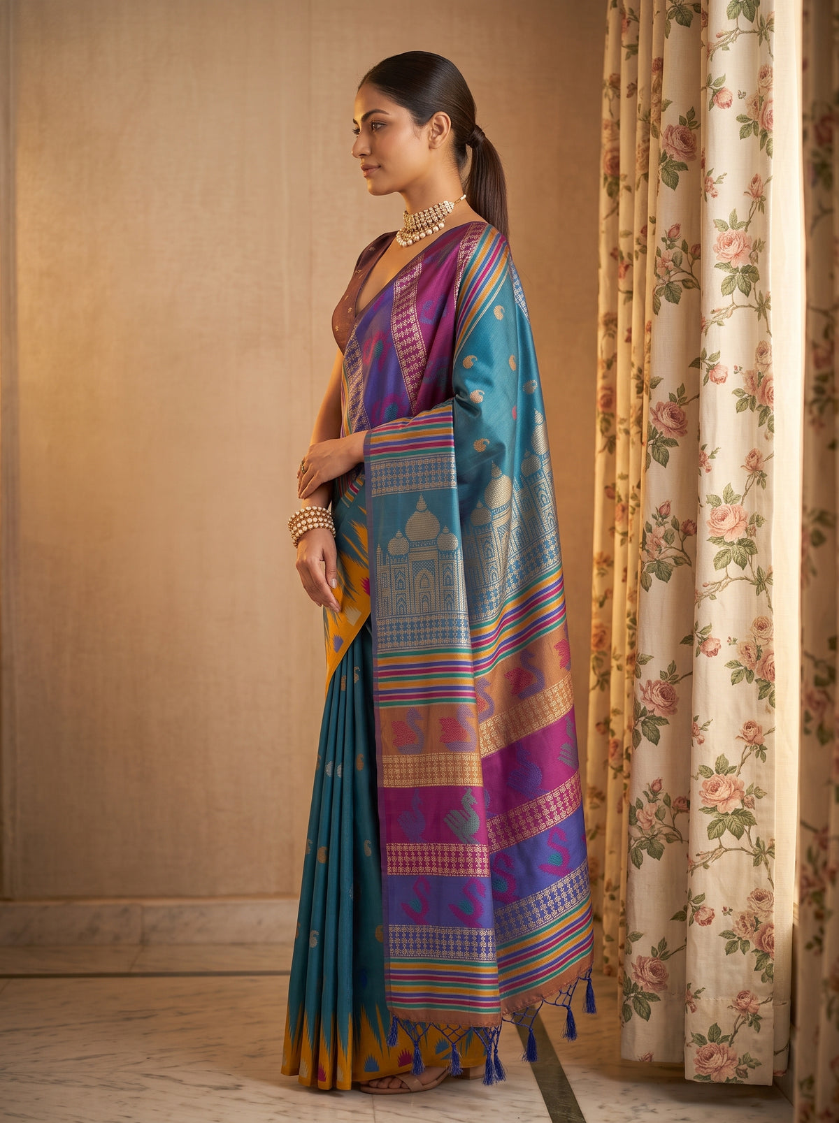 MIMOSA Royal Blue Berhampuri Saree — pose 3 styling detail