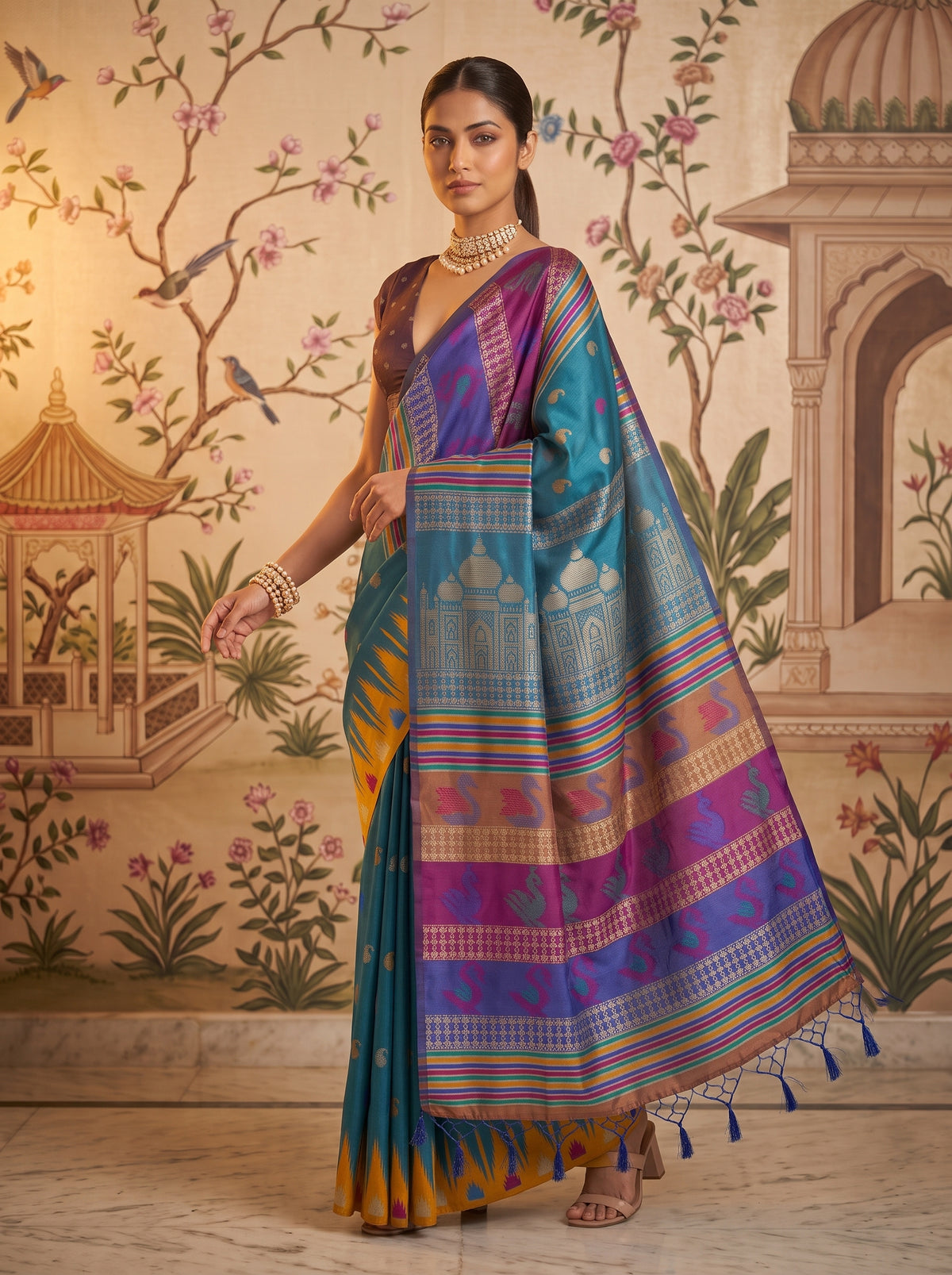 MIMOSA Royal Blue Berhampuri Saree — pose 9 styling detail