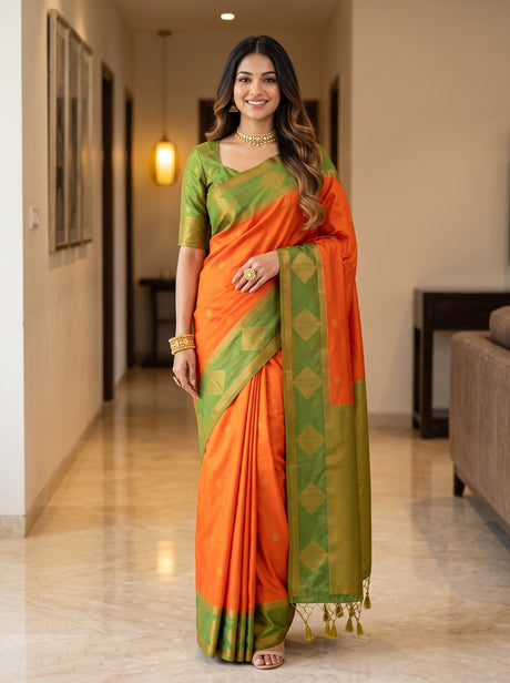 MIMOSA Gold Kanjivaram Saree — front view on mannequin