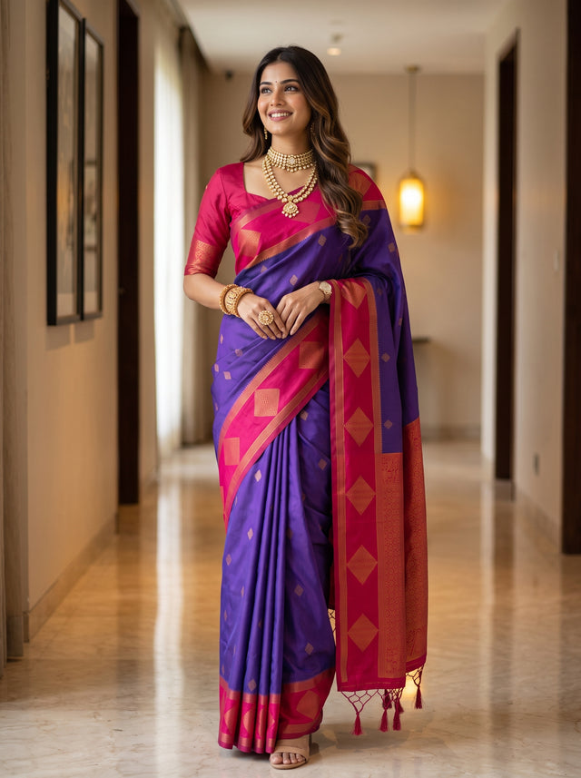 MIMOSA Purple Kanjivaram Saree — front view on mannequin