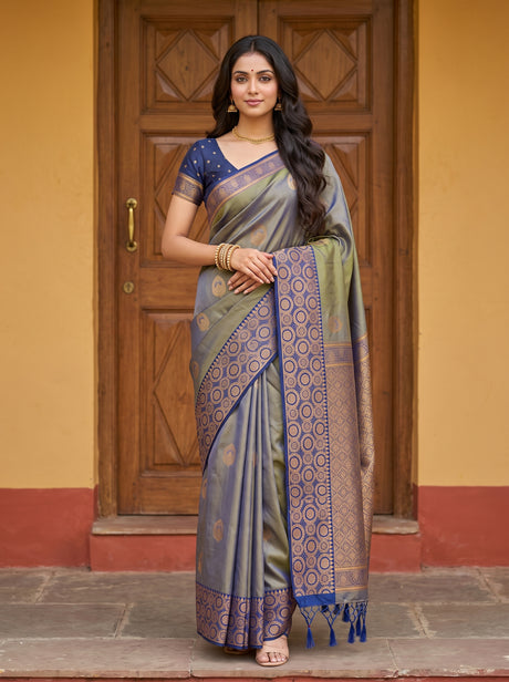 MIMOSA Grey Kanjivaram Saree — front view on mannequin