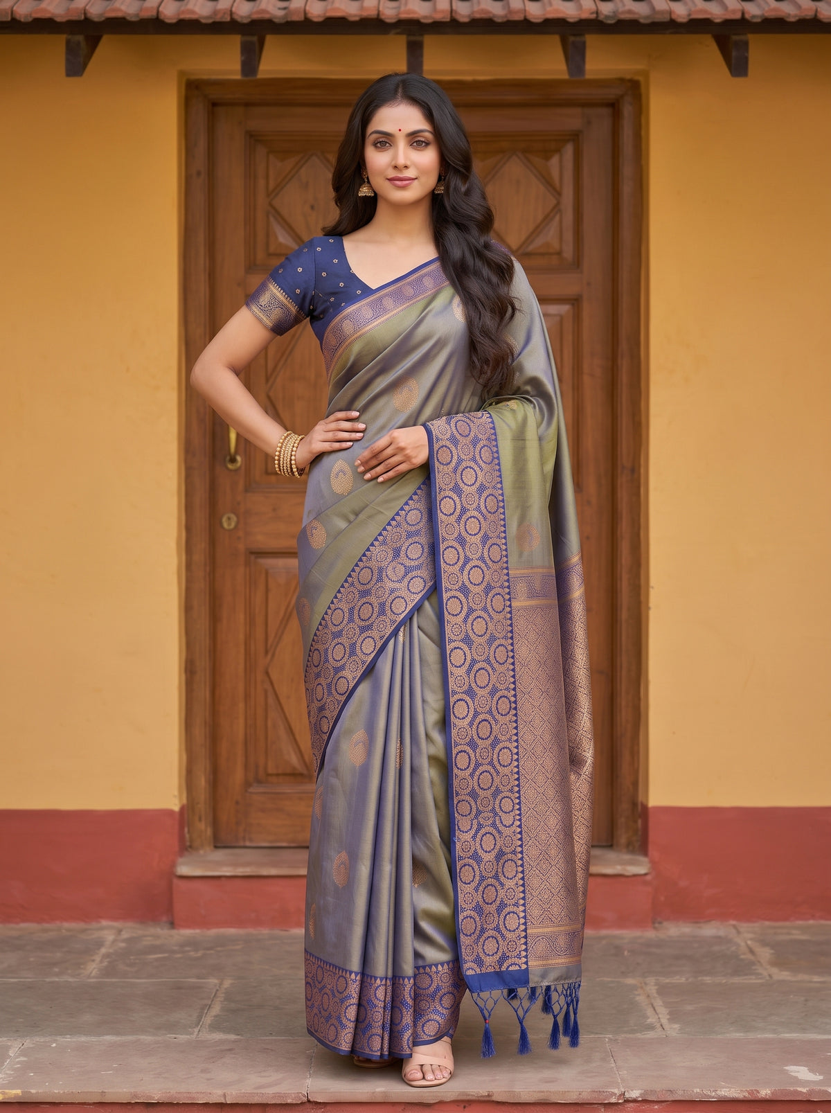 MIMOSA Grey Kanjivaram Saree — pose 4 styling detail