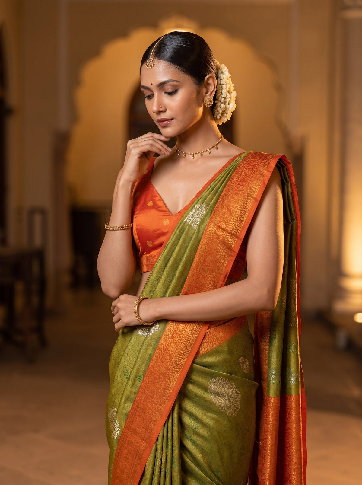 MIMOSA Green Kanjivaram Art Silk Saree — pose 10 styling detail