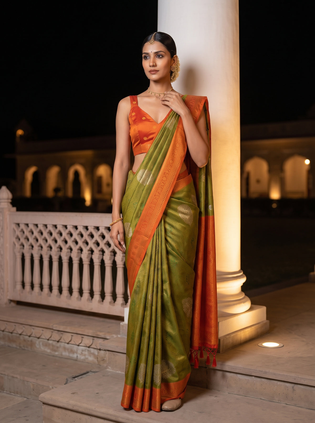 MIMOSA Green Kanjivaram Art Silk Saree — pose 5 styling detail
