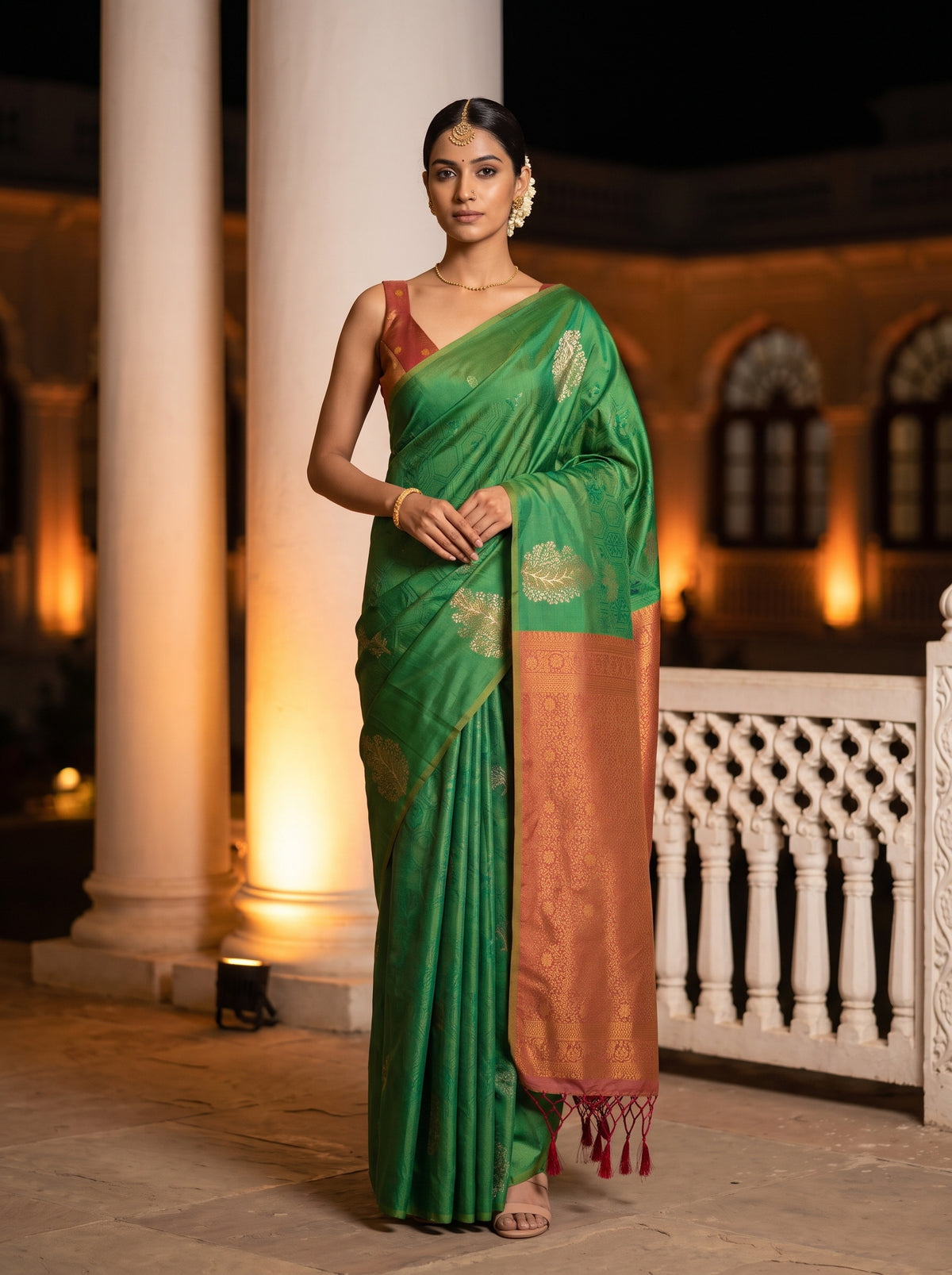 MIMOSA Rama Kanjivaram Art Silk Saree — Model lifestyle pose