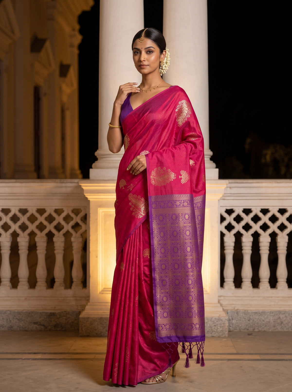 MIMOSA Strawberry Kanjivaram Art Silk Saree — pose 5 styling detail