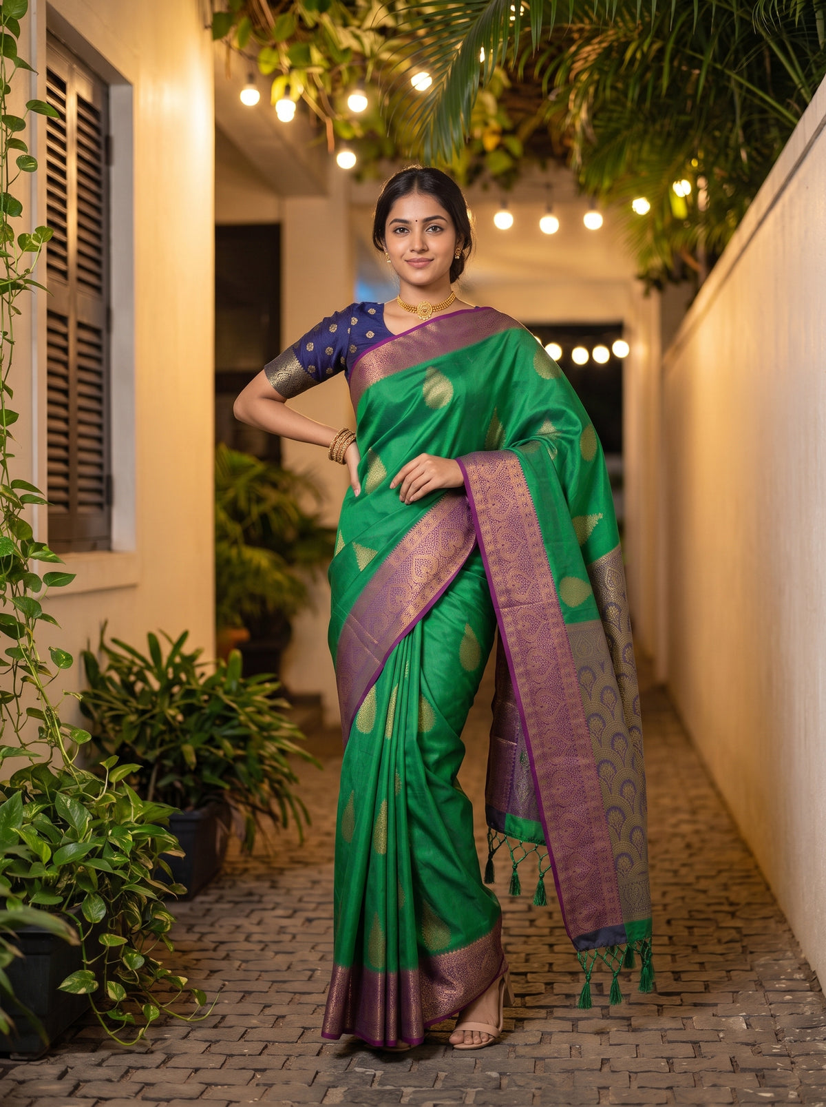 MIMOSA Rama Kanjivaram Saree — pose 4 styling detail