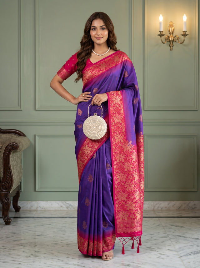 MIMOSA Purple Kanjivaram Saree — front view on mannequin