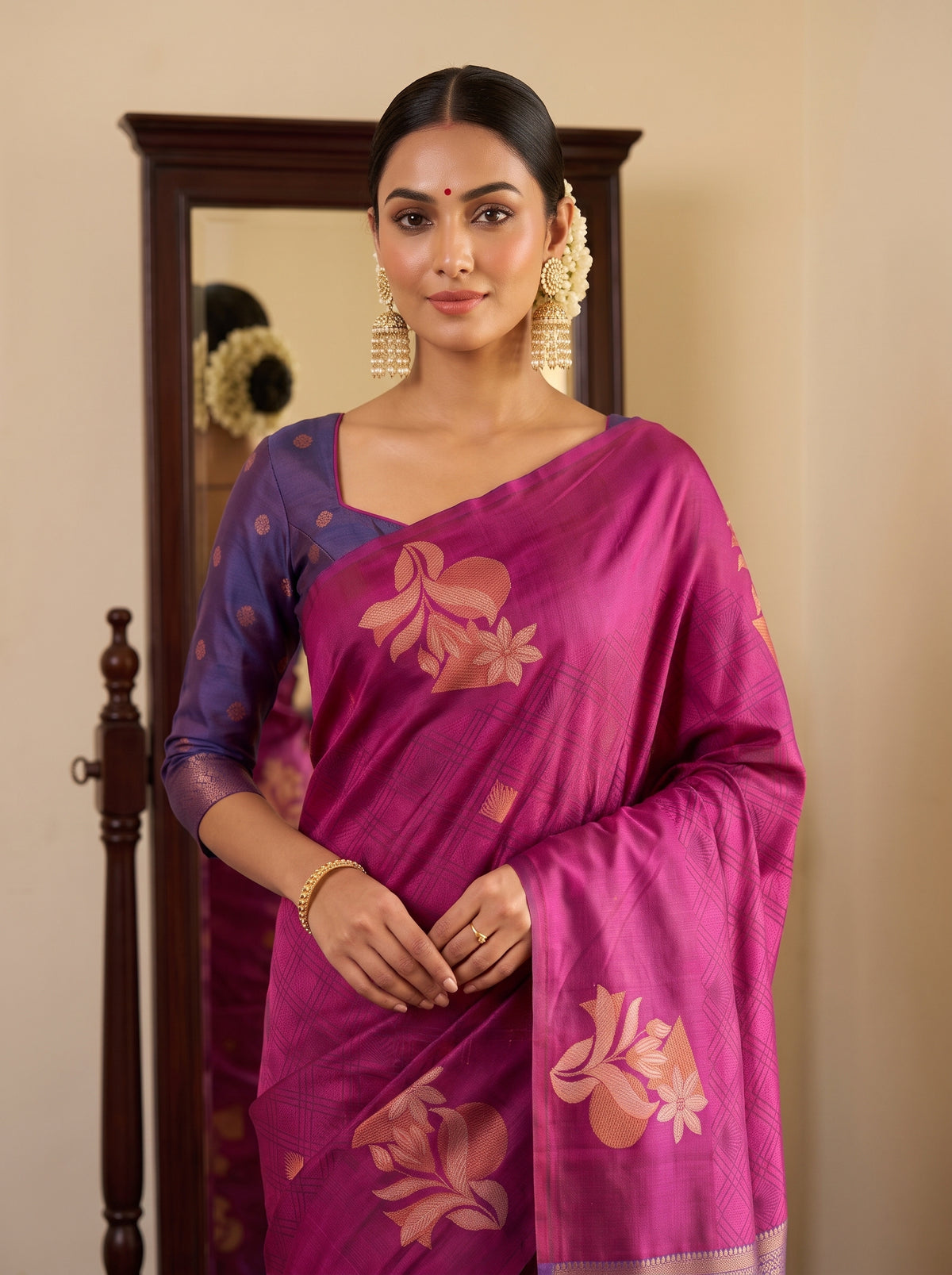 MIMOSA Wine Kanjivaram Saree — pose 10 styling detail