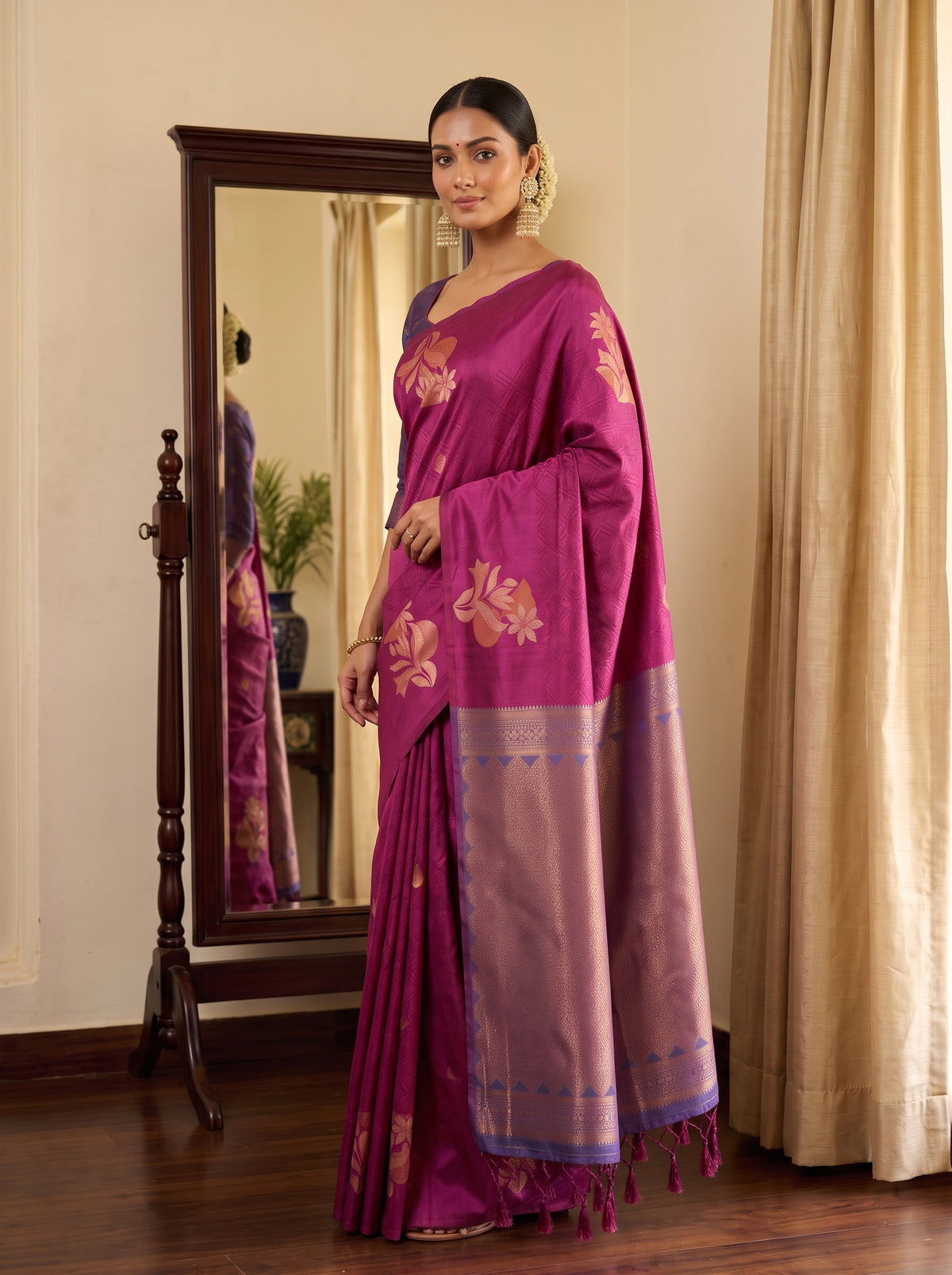 MIMOSA Wine Kanjivaram Saree — pose 5 styling detail
