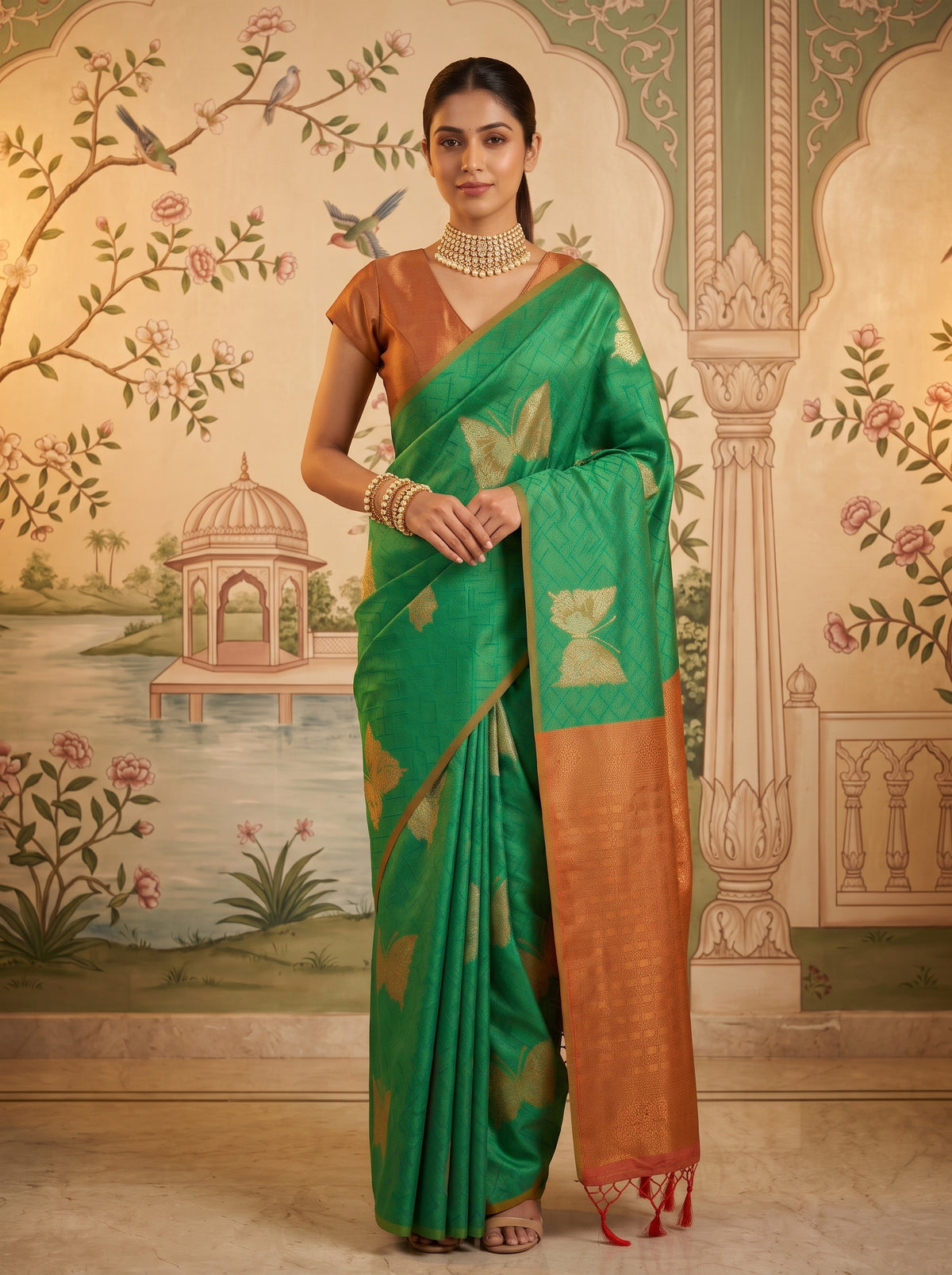 MIMOSA Rama Kanjivaram Art Silk Saree — AI model lifestyle pose