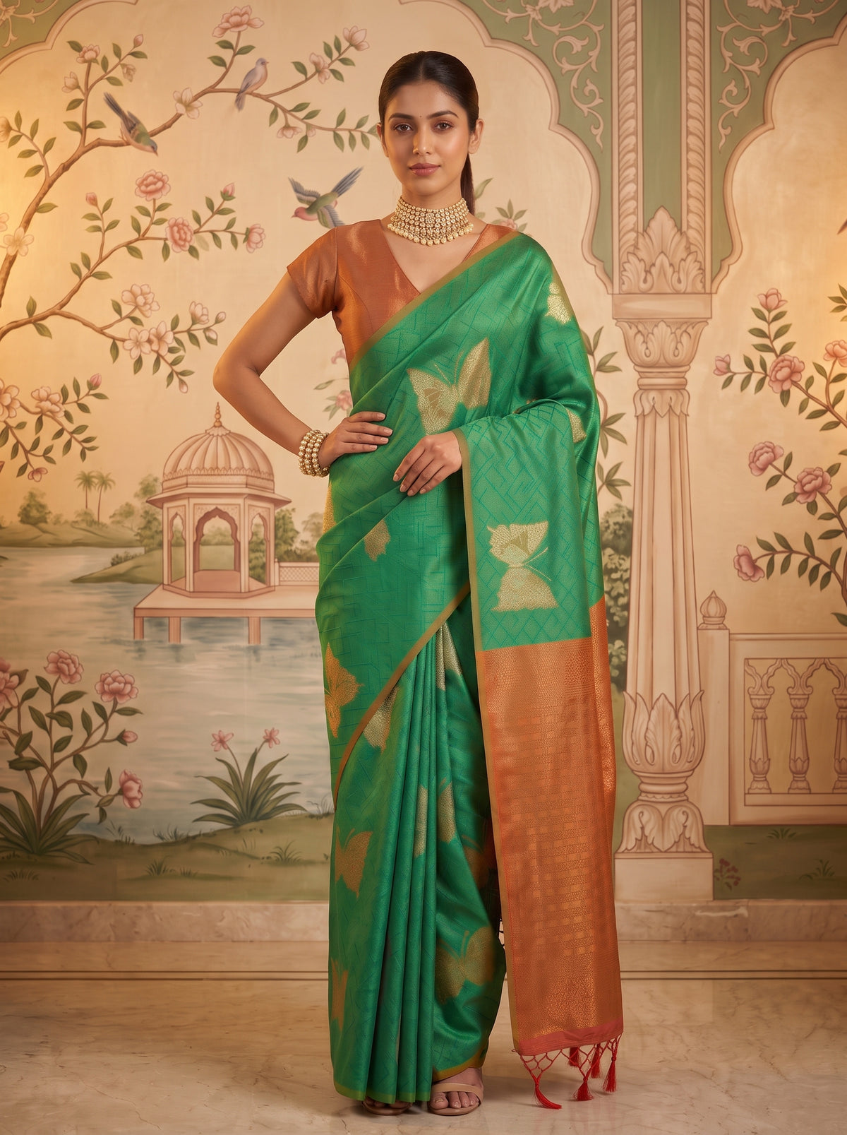 MIMOSA Rama Kanjivaram Art Silk Saree — pallu and body shot