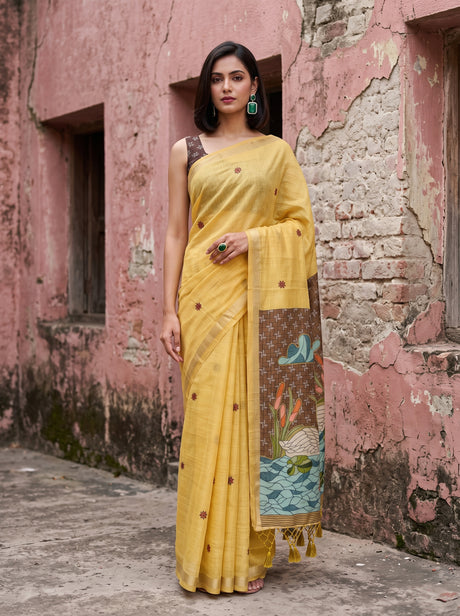 MIMOSA Gold Bhagalpuri Cotton Saree — front view on mannequin