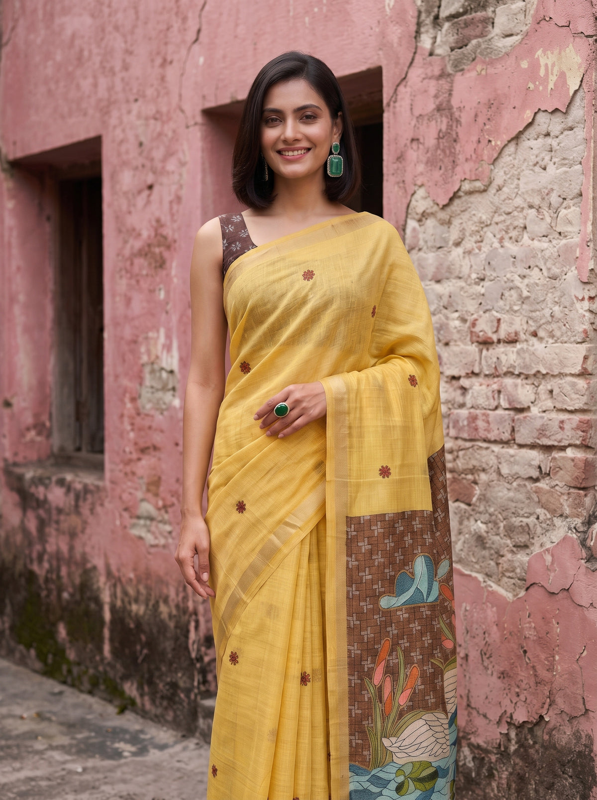 MIMOSA Gold Bhagalpuri Cotton Saree — pose 10 styling detail