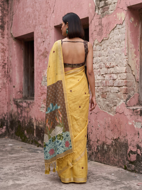 MIMOSA Gold Bhagalpuri Cotton Saree — pose 2 styling detail